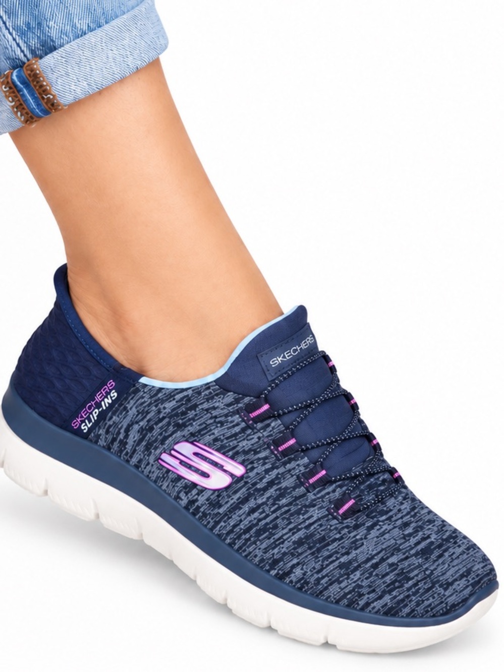 Skechers Women's Navy and Pink Slip-On Vegan Memory Foam Sneakers - Picture 4 of 6